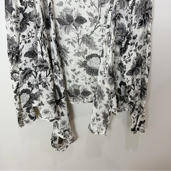 Flax Black and White Floral Linen Tie Front Asymmetric Cardigan Top Large - Picture 8 of 14